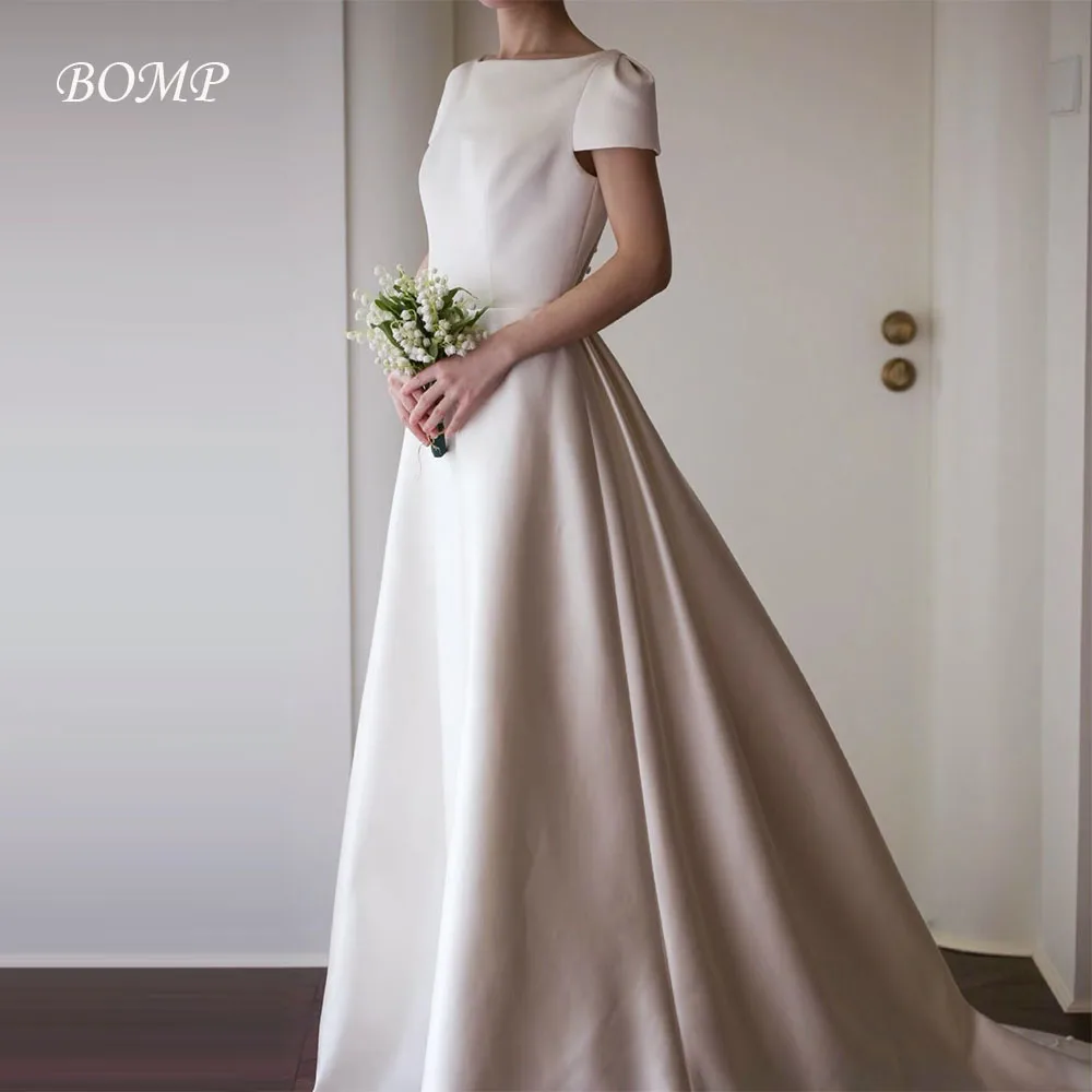 

BOMP Elegant Ivory Satin Wedding Party Dress O-Neck Regular Sleeves Korea Photo Shoot Bridal Reception Gown Custom 웨딩드레스