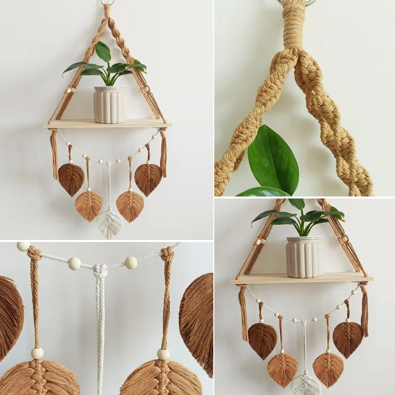 Bohemian Leaf Wall Decoration Floating Shelf Tapestry, Green Leaf Hanging Shelf Decorative Storage Shelf, Holiday Gift