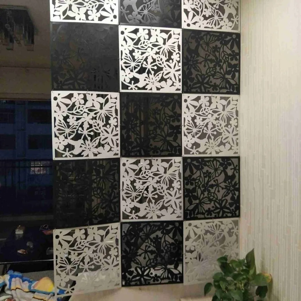 9Pcs Hollow Pattern Hanging Partition Screen Flower Carving Square Shape Room Divider Curtain No Drilling Minimalist