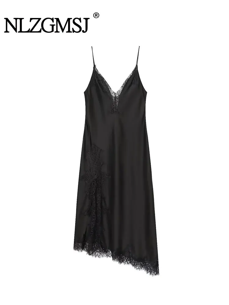NLZGMSJ femmes Sexy dentelle Satin licou longue robe asymétrique ourlet robe nouveau 2025 mode vacances robes de fête