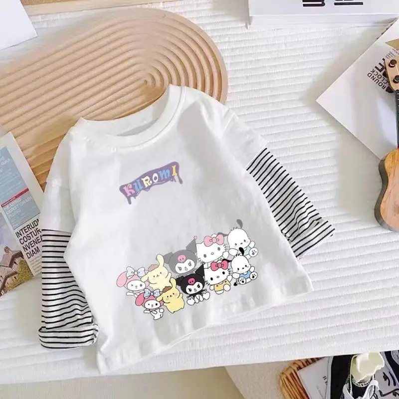 

Sanrios Kuromi футболка с длинными рукавами, новый стиль, хлопковая рубашка Cinnamoroll с героями мультфильмов в полоску, весенне-осенняя универсальная детская рубашка