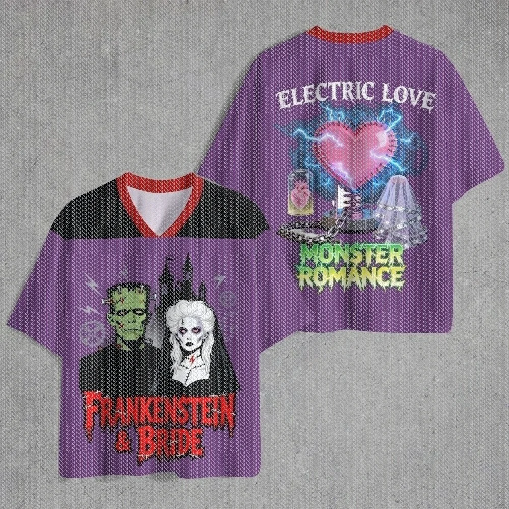 Gothic Halloween Monster Couple Lightning Heart Print MeshV-neck Sports Jersey Short Sleeve Unisex Dark Spooky Street Casual Top