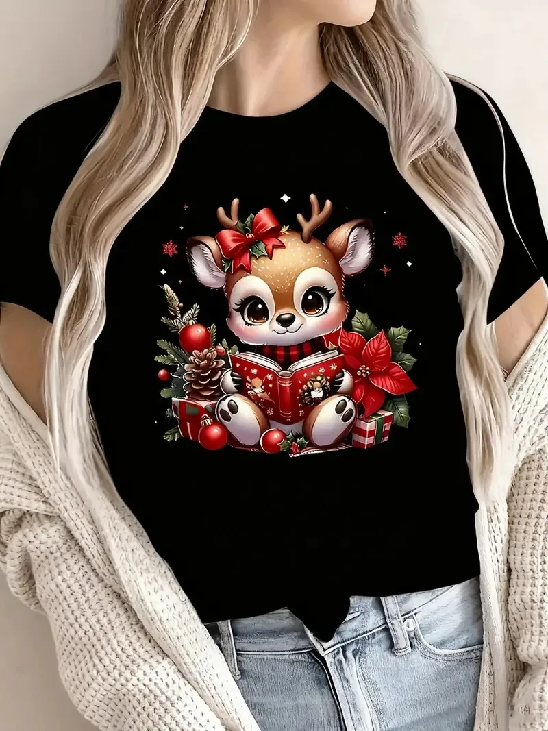 

Christmas women's cute reindeer 3D printed T-shirt fashion Christmas theme casual short sleeved Christmas women's y2k clothing