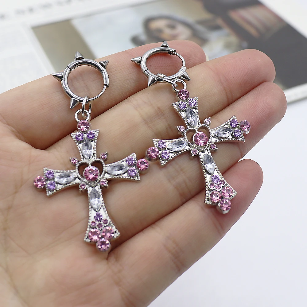 1 pair Gothic Pink Heart Cross Earrings Y2K Kpop Purple Zircon Cross Drop Earring for Women Grunge Egirl Earrings Jewelry Access