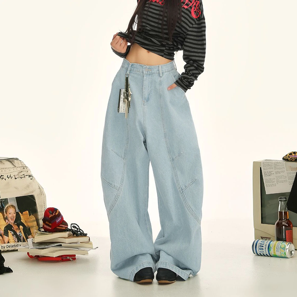 

Y2K Vintage Wash Women Cargo Jeans Harajuku Scimitar Wide Leg American Retro Denim Pants Baggy Trousers Gyaru Streetwear
