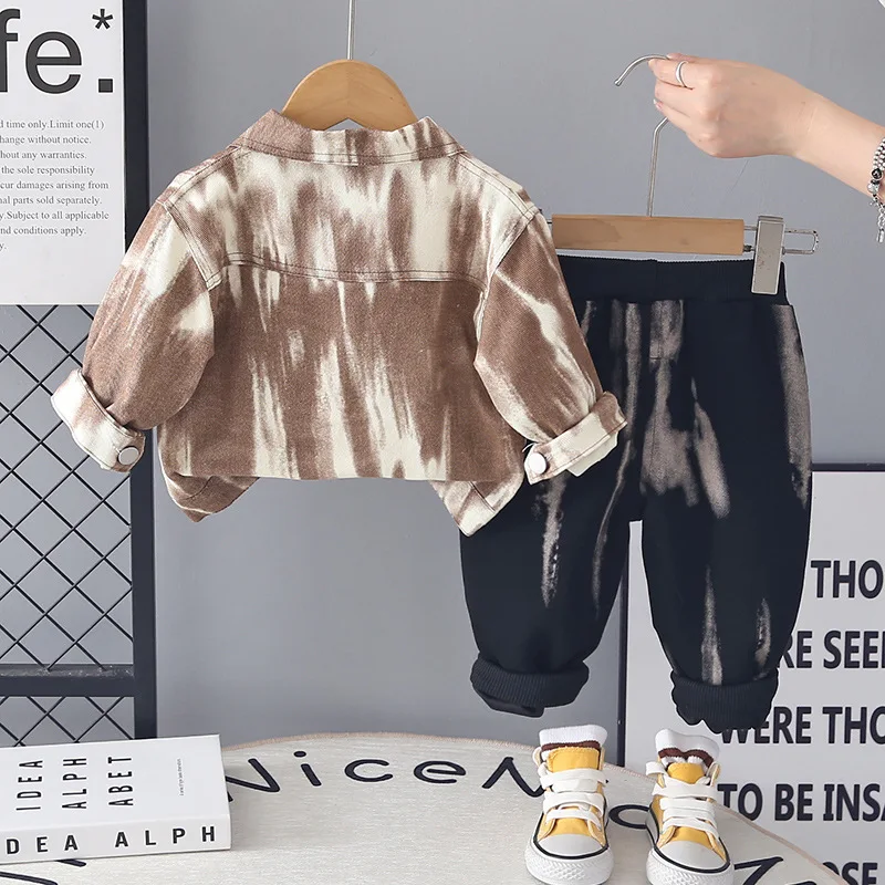 2026 Spring New Toddler Boys 3pcs Set Tie Dye Jacket Letter Print T-shirt Jogger Pants Kids Casual Trendy Streetwear Outfits