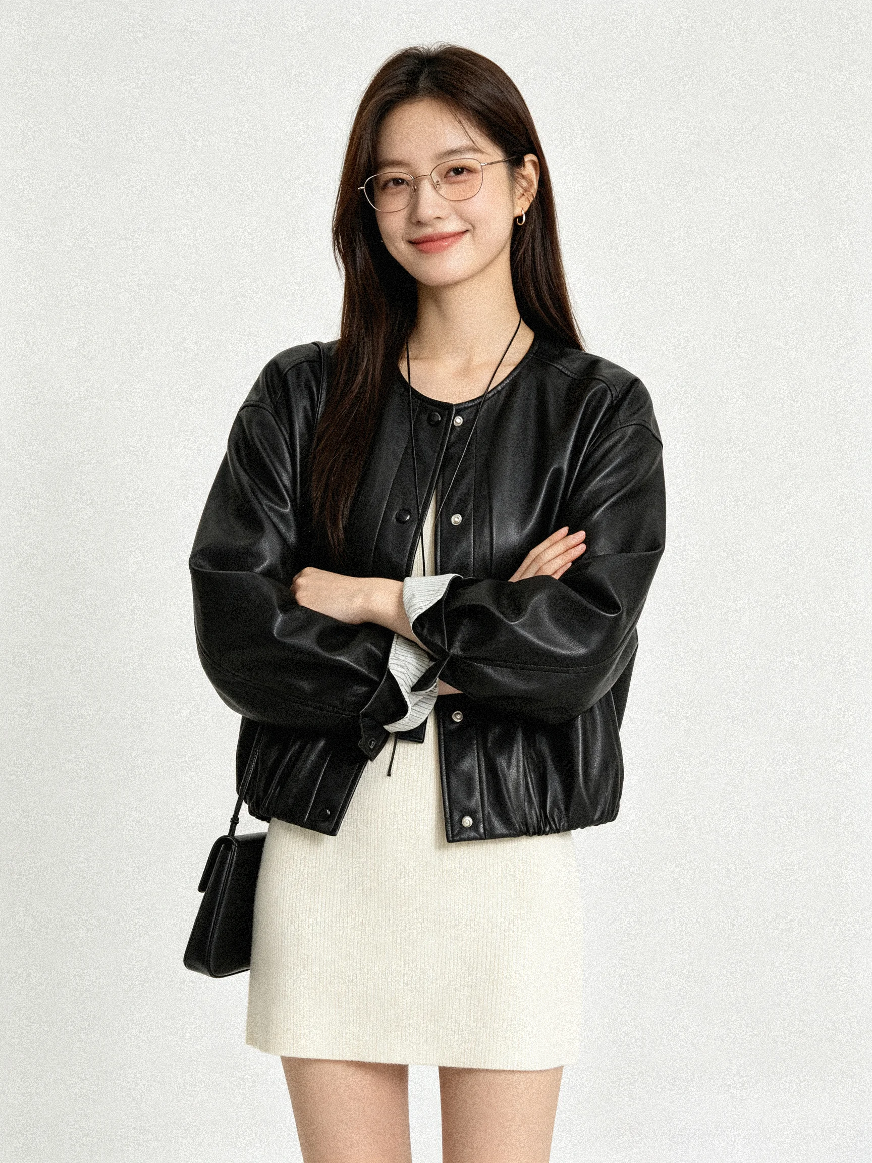 Retro Korean Style Short round Neck Leather Jacket Motorcycle Wind Slimming Outerwear Long Sleeve Straight Cut Daily Use