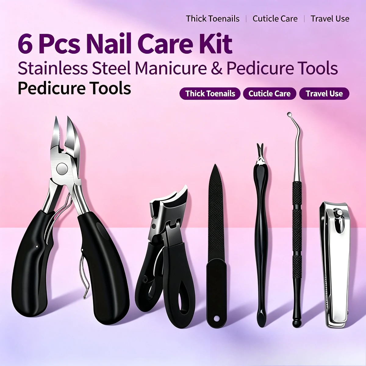 6Pcs Stainless Steel Toenail Care Kit,Heavy Duty Nail Trimming Tools,Clipper,Nipper,File,Unisex Grooming Supplies for Home