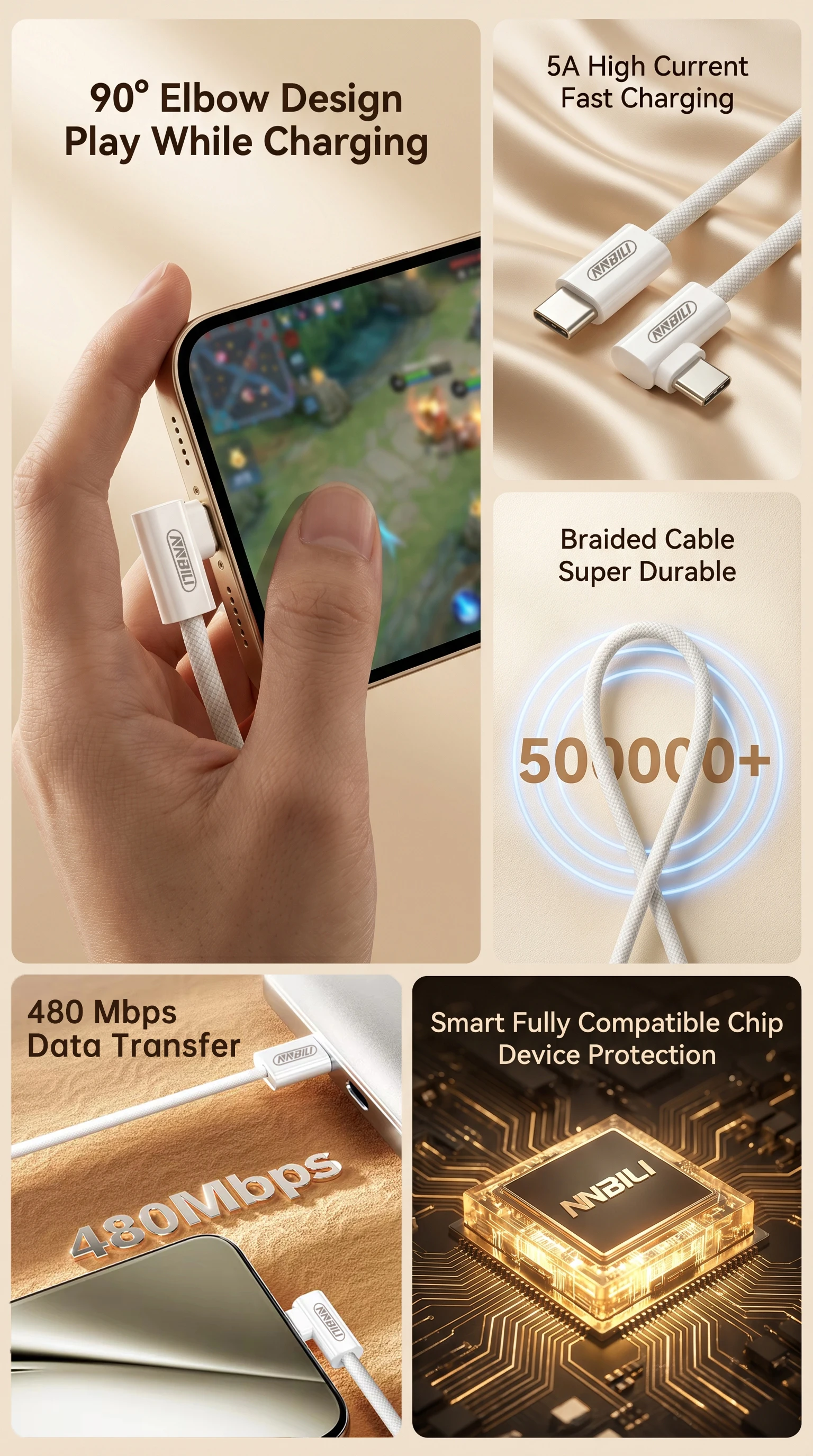 NNBILI 90 Degree Elbow USB C to Type C Fast Charge Cable For iPhone 18 17 Samsung Xiaomi Redmi POCO OnePlus Braided Type C Cable