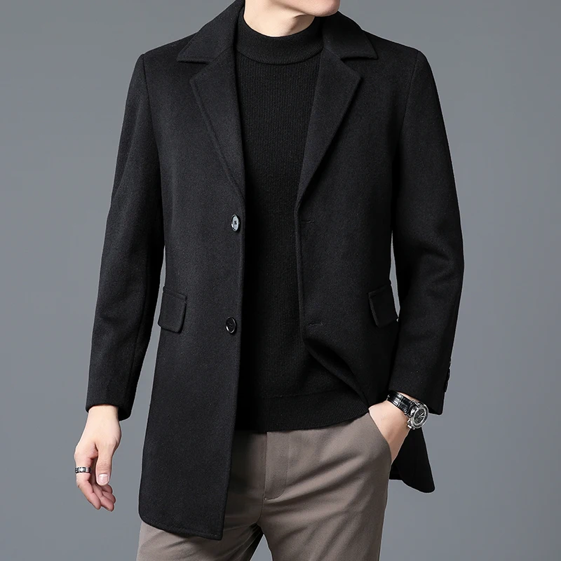Winter Men Wool Essential Coat Black Gray Thick Thermal Overcoat With Detchable Down Puff Vest Attire Gentlemen Warm Soft Outfit