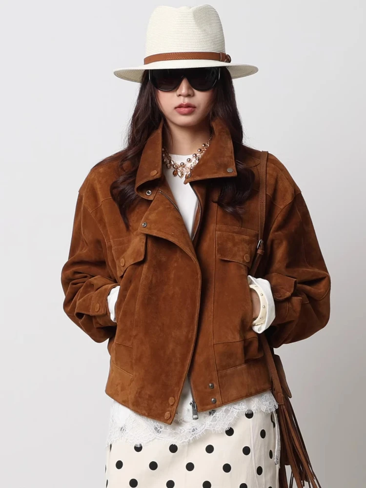 

Vintage Short Genuine Leather Motorcycle Jackets for Women Spring Autumn High-end Simple Loose Solid Real Sheepskin Suede Coat