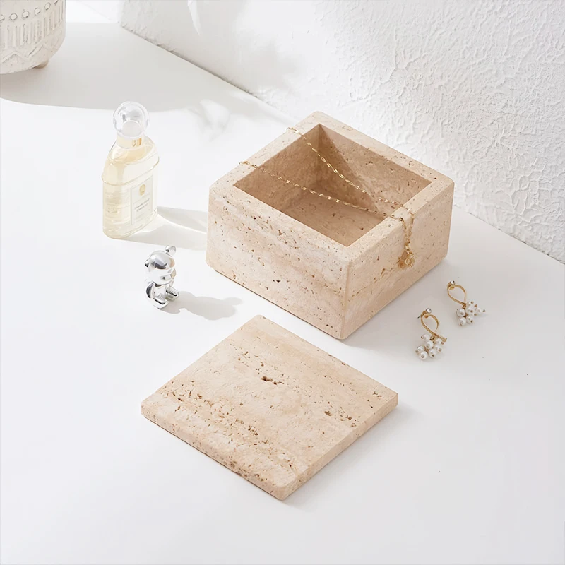 Contenedores de almacenamiento de mármol Natural, soporte para bastoncillos de algodón, organizadores cuadrados, bandeja de travertino para Qtips, maquillaje, baño, hogar