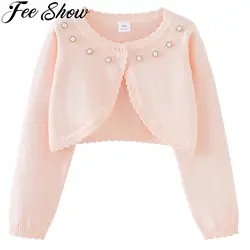 Kids Girls Cute Knitted Cardigan Coat Long Sleeve Faux Pearls Rhinestones Bolero Shrug Knitwear for Wedding Birthday Party