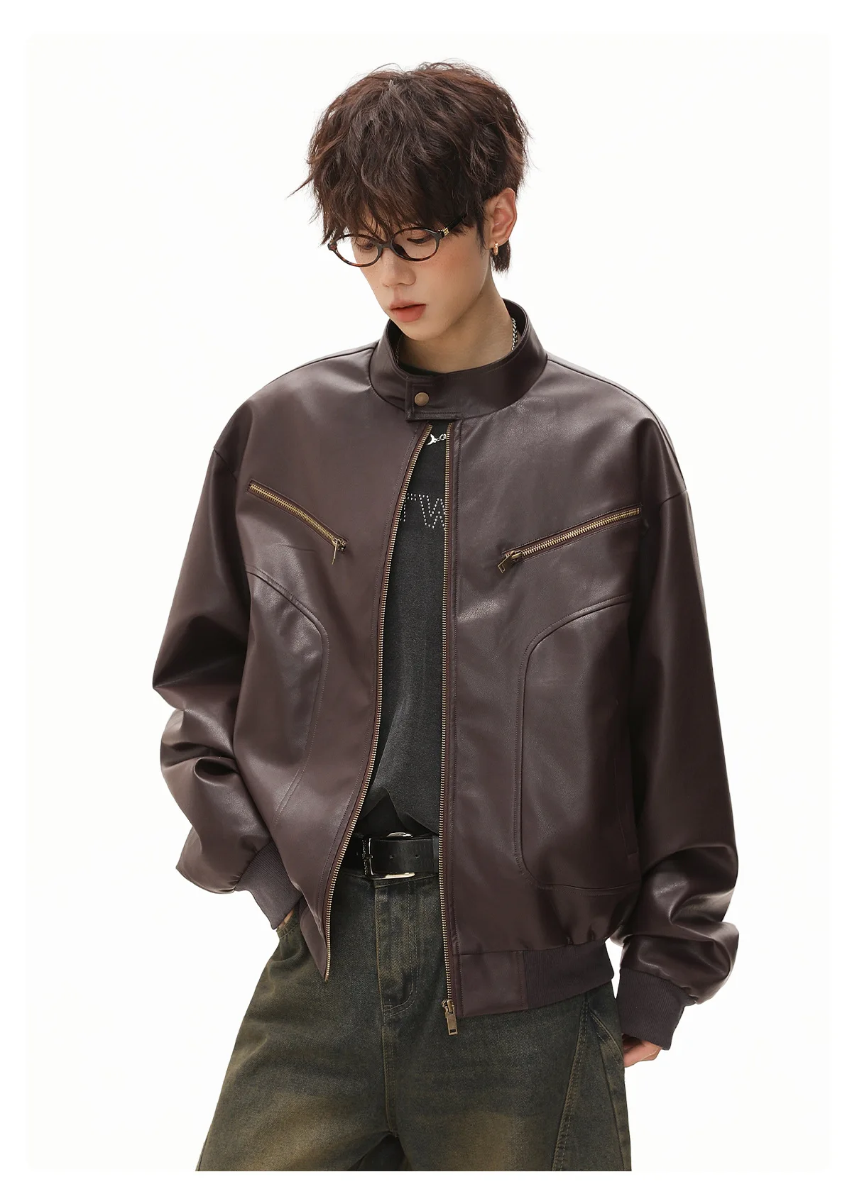 Men's Windproof Stand-Up Collar PU Leather Jacket Warm Durable, Vintage Relaxed-Fit Biker Jacket
