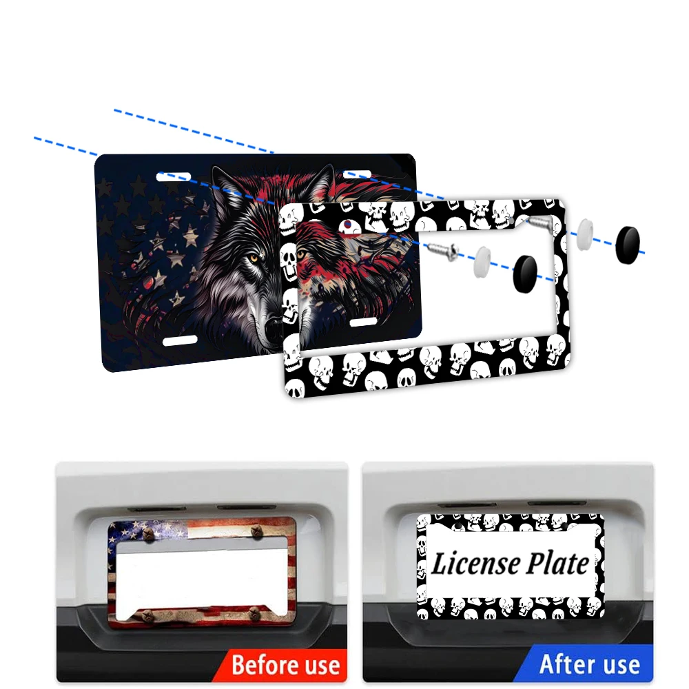 جمجمة أبيض وأسود - رسوم متحركة مبتكرة مطبوعة 2 - إطار لوحة ترخيص من الألومنيوم مع مجموعة براغي، هدية تزيين السيارة، 6 × 12 #3
