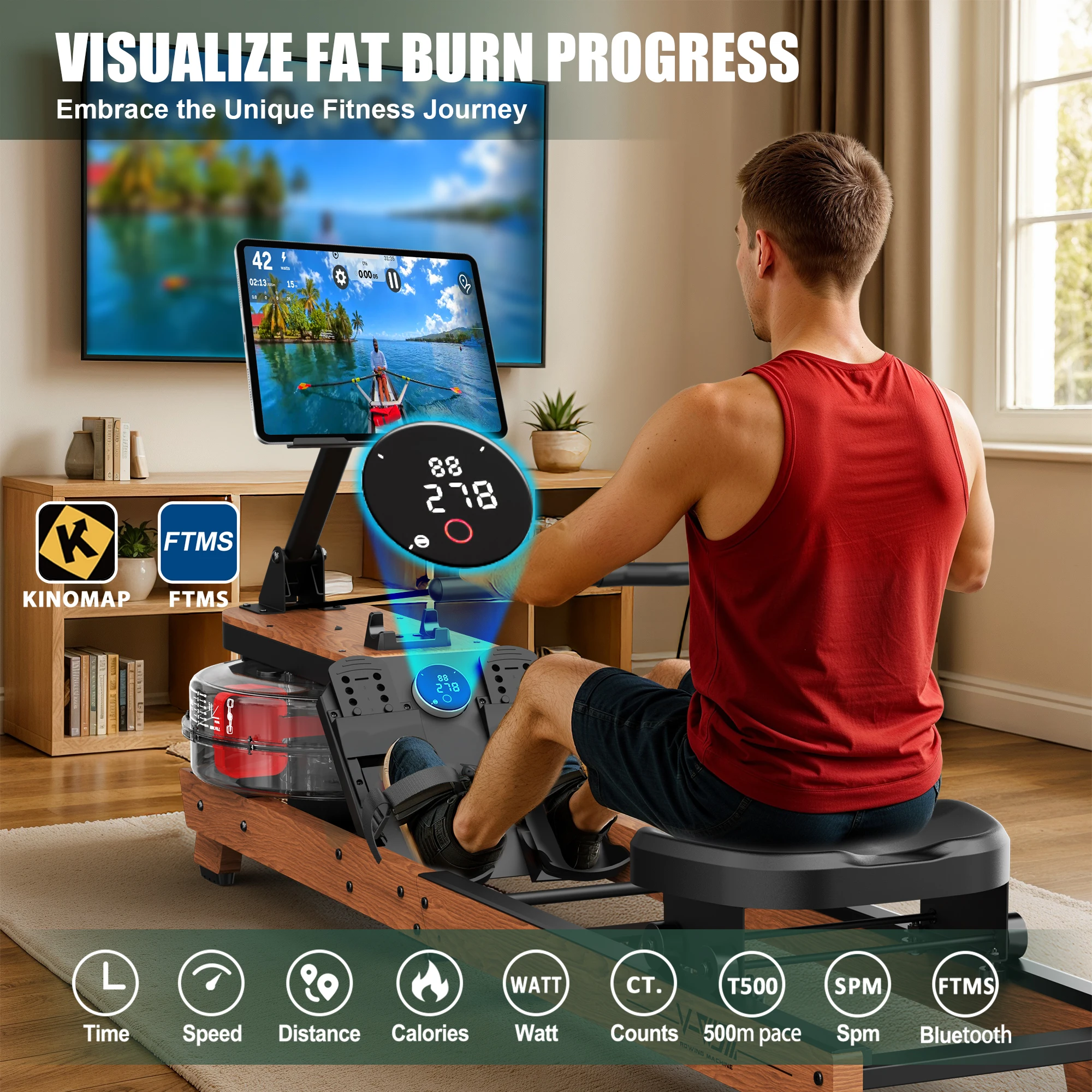 FYSIQ Wasser Rudergerettet ute Zuhause aus Holz Klappbar mit شاشة بلوتوث وحسن الكمبيوتر اللوحي، Comfort-Sitz، Bis 180 كجم Belastbar