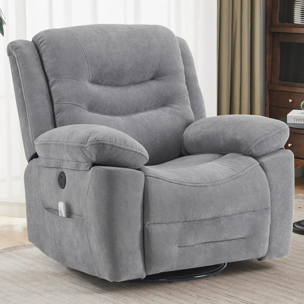 Large Power Swivel Rocker Recliner,Massage & Heat, USB Port,Infinite Position,Overstuffed Electric Glider,Soft Fabric Sofa Chair