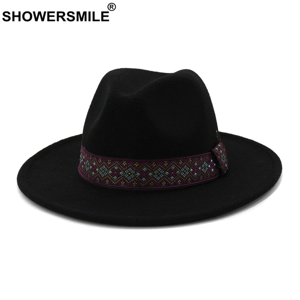 

SHOWERSMILE Black Wide Brim Fedora Hat for Women Men Felt Hat Trilby Autumn Winter Fashion Unisex Jazz Cap Embroidered Belt