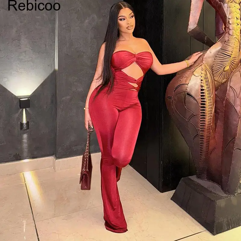 Women's 2 Piece Outfit Red Halter Crop Top and Flare Pants Set Sexy Cut Out Bodycon Jumpsuit Party Club Evening Wear Fashion Set