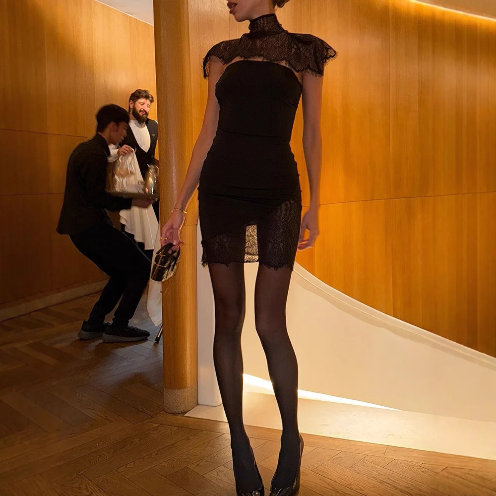 Black Lace Patchwork Strapless Dress Women Sexy Cape Shawl Waist Cinching Slim Mini Dresses Lady  Evening Club Party Gowns