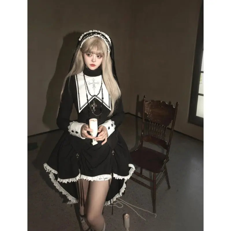 Halloween Winter Black Gothic Lolita Dress Women Japanese Lace Y2k Party Midi Dress Female Korean Cosplay Desinger Dress 2024