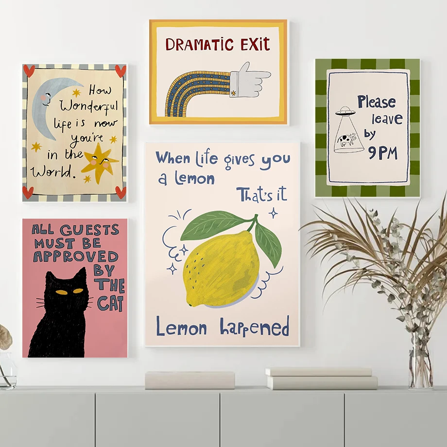 Dopamine Trendy Text Hand-Drawn Typography Posters Dramatic Exit Funny Cat Prints Canvas Painting Wall Pictures Home Room Decor