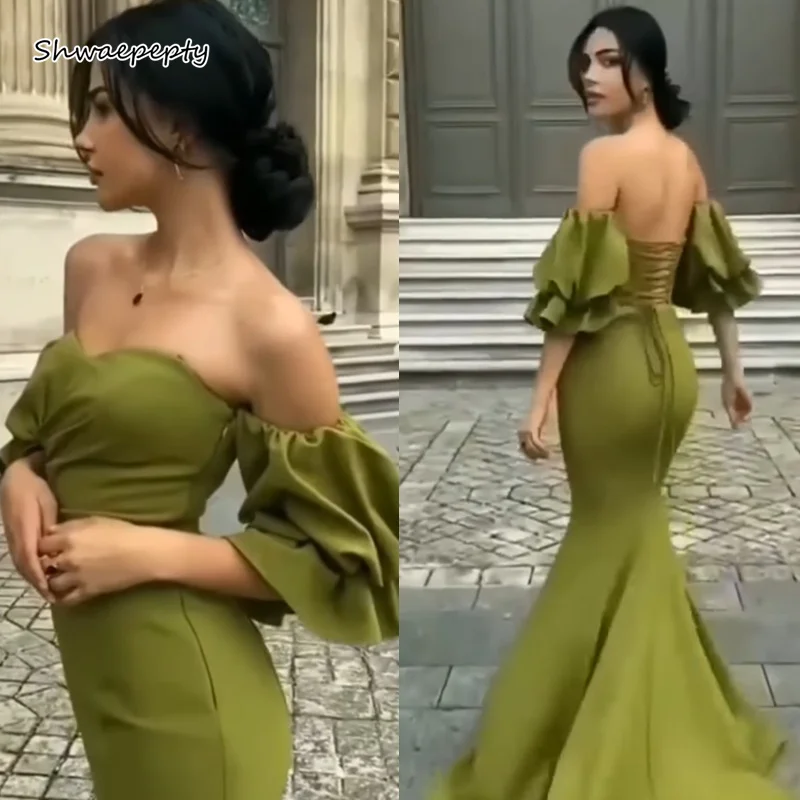 Satin Mermaid Prom Dresses Sexy Open Back Lace-Up Off Shoulder Ruches Korte Mouwen Olijf Groen Speciale Gelegenheid Avond jassen