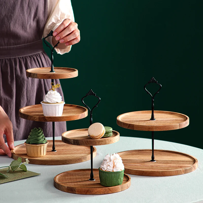 Wooden Cake Set Dessert Pastry Display Stand Glass Cover Party Holiday Decoration Tall Tray Home