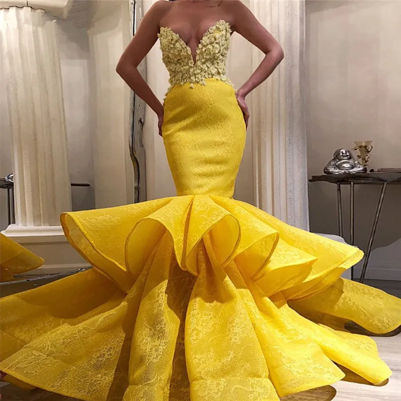 

Yellow Mermaid Evening Dress Lace Robe Mousse prom Dress Formal Party Pageant Dress Custom