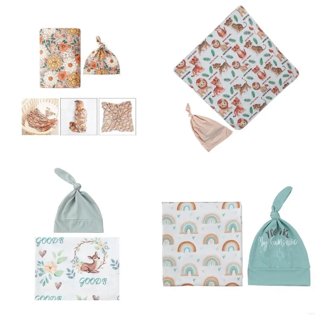 Newborn Baby Swaddles Wrap Cloth & Hat Set Breathable Infant Wrap Cloth Receiving Blanket & Beanie Cap Shower Gift
