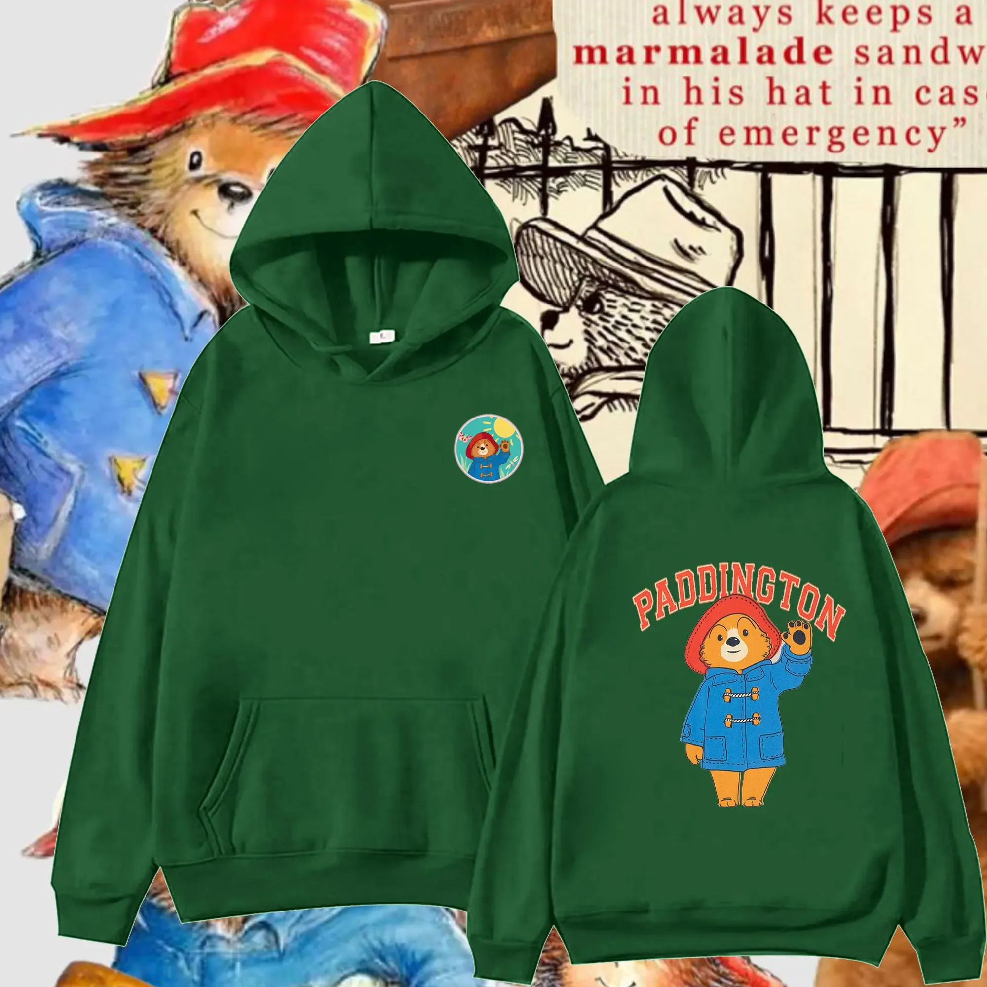New Men Women  Hoodies Paddington Bear in London Double-sided Print Cartoon Pattern Hoodie Graphic Loose Pullover Sweatshirt