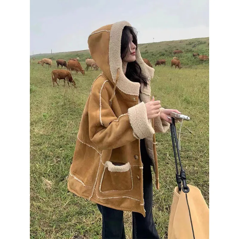 Fashion Korean Faux Suede Coat Lamb Wool Splice Design Sense Hooded Thicken Warm Motorcycle Jacke Texture Women's New Winter Top