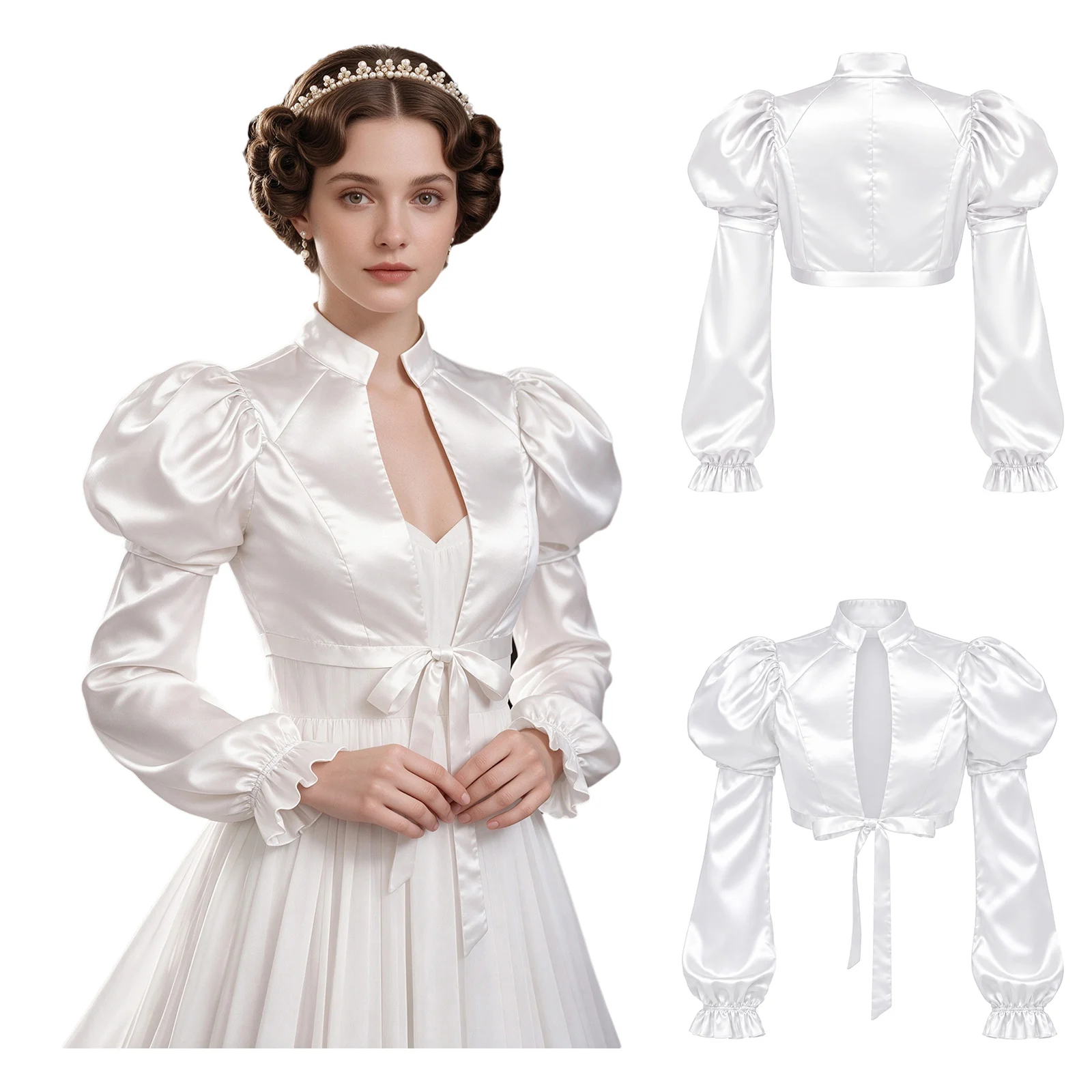 Womens Regency Spencer Stain Jacket Stand Collar Long Puff Sleeves Crop Top Outerwear for Halloween Theme Party Renaissance Fair