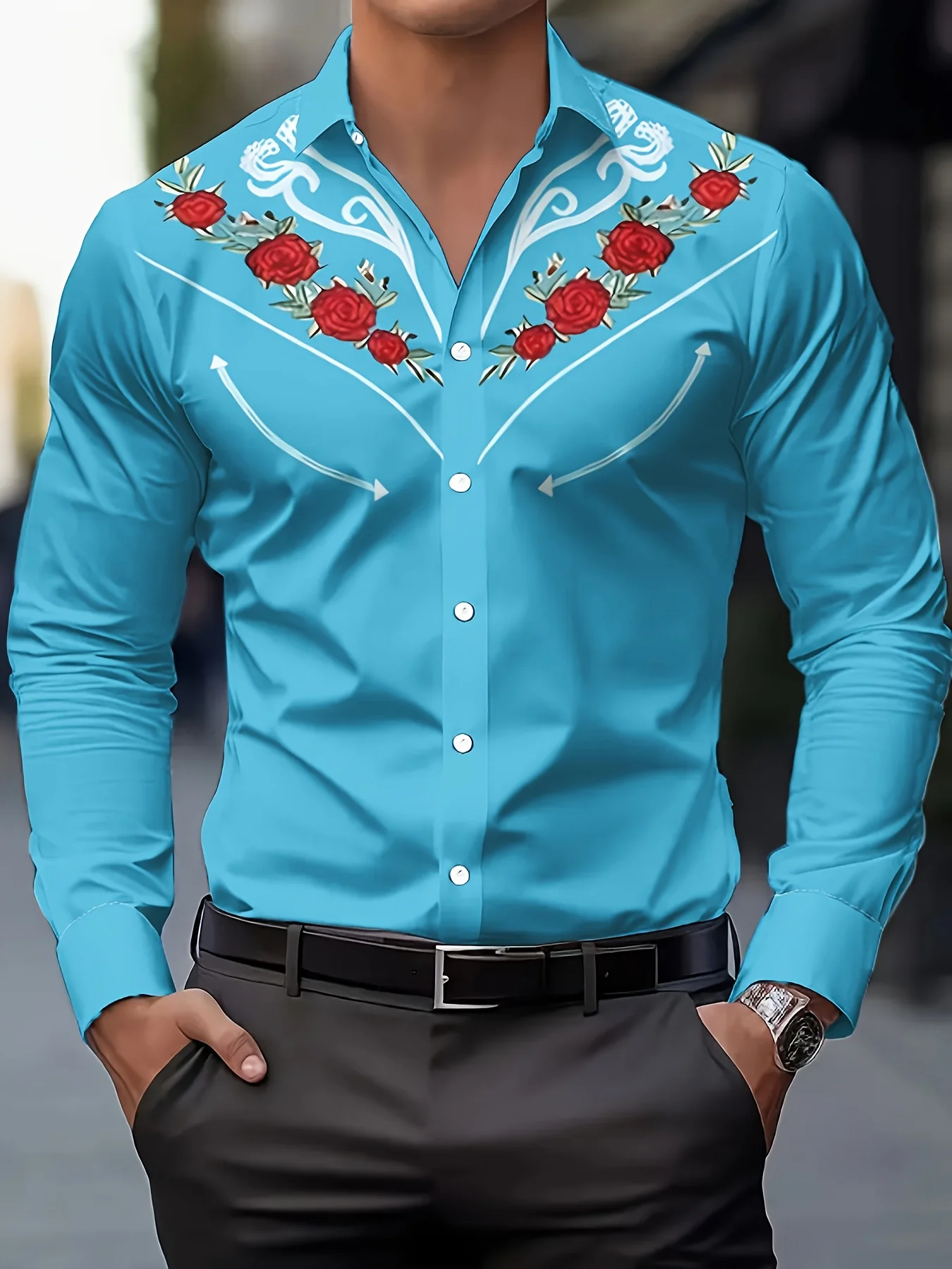 Trendy Men Button‑Up Shirt Retro Western Cowboy Style Red Rose Scroll Decorative Art Print Polyester Holiday Party