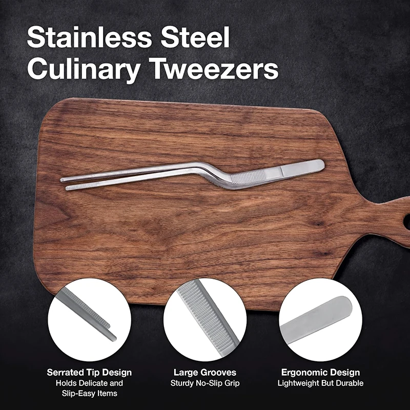 Stainless Steel Kitchen Tweezers Tongs, Chef Culinary Offset Tweezer, Food Clip for Cooking, Baking, Cake / Plate Decor, BBQ