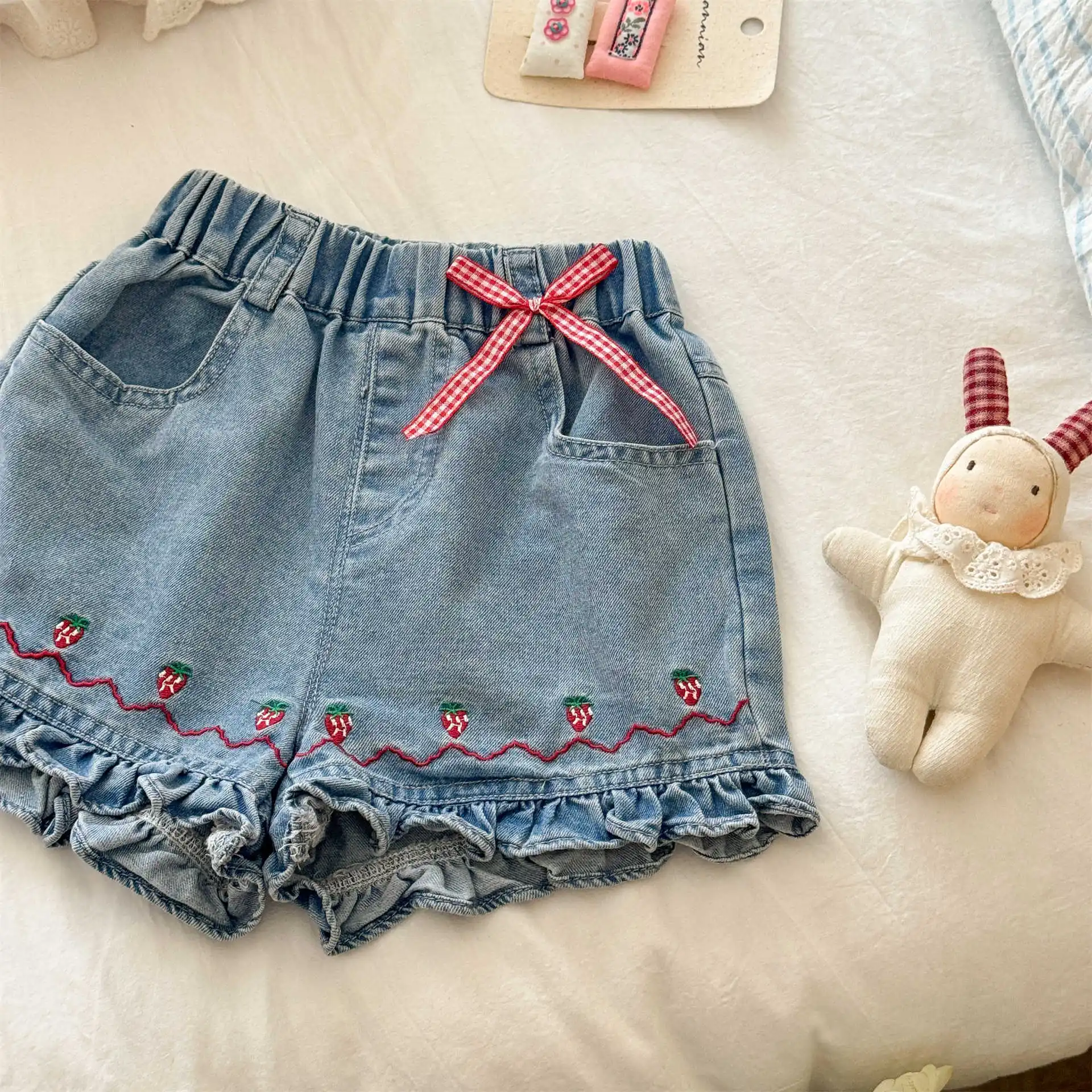 Summer Baby Girls' Bow Denim Shorts Strawberry Embroidered Lace Wide Leg Short Pants High Waist Slim Dance Hotpants
