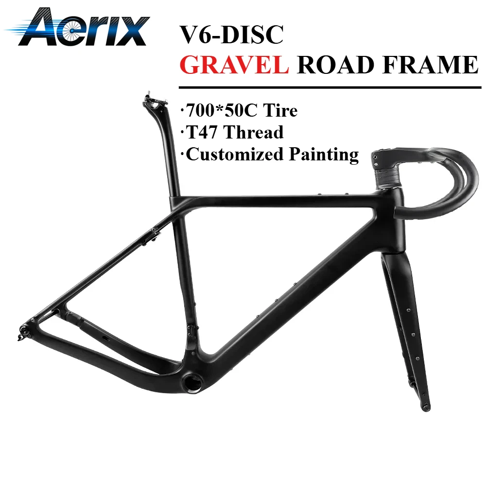 T1100 Carbon Gravel Bike Frame V6-DISC T47 Thread 700×50C Clearance 1-1/2 Headset Integrated Handlebar Carbon Gravel Frameset