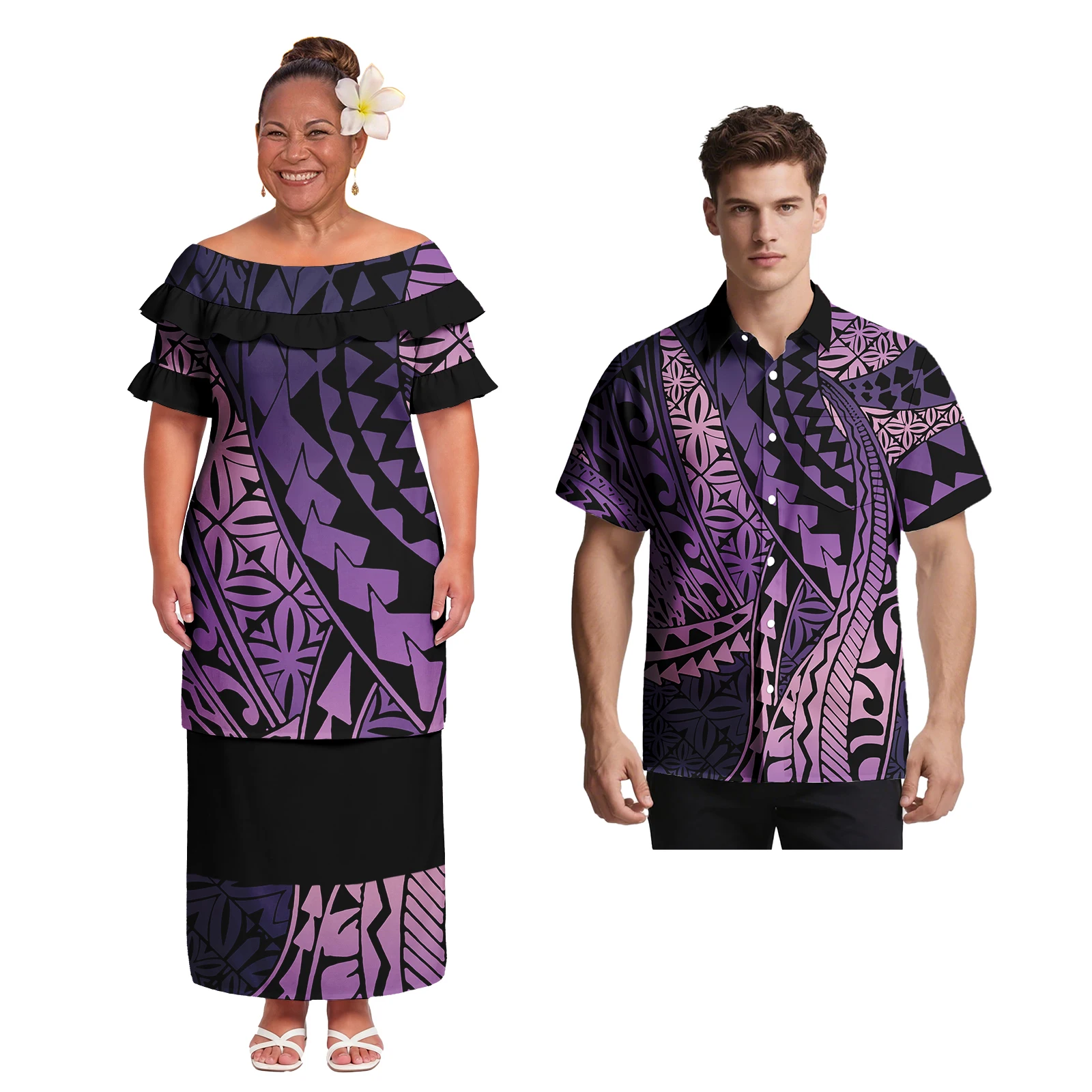 Island Beach Samoan Polynesia Men's Casual Shirts Ladies Elegant Puletasi 2pc Set Hawaiian Hibiscus Print Couple Match Outfits