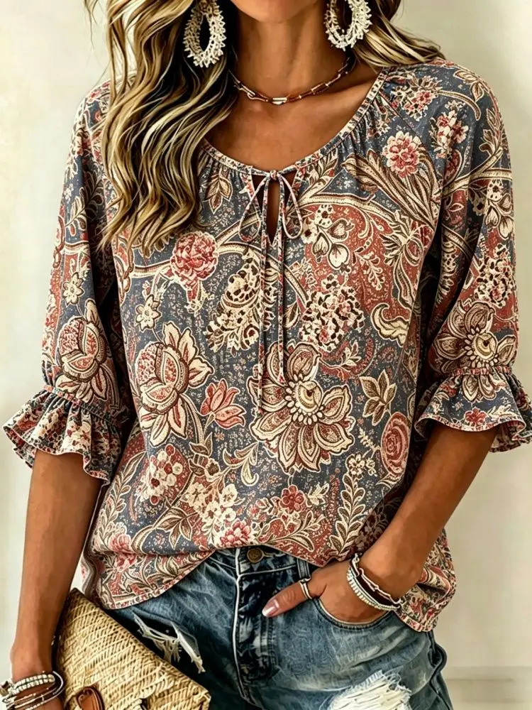 Women's Blue Porcelain Floral Print Tie Neck Blouse, Casual Loose Tops for Spring Summer Daily Wear & Vacation Occasions