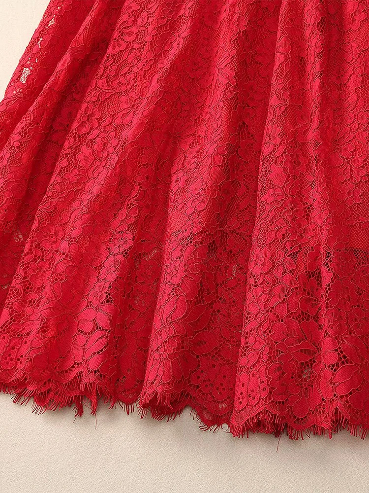 DSXDFACAIRIJ – robe Vintage en dentelle pour femmes, couleur unie, col rond avec diamants, manches courtes, ceintures, robes d'été à la mode