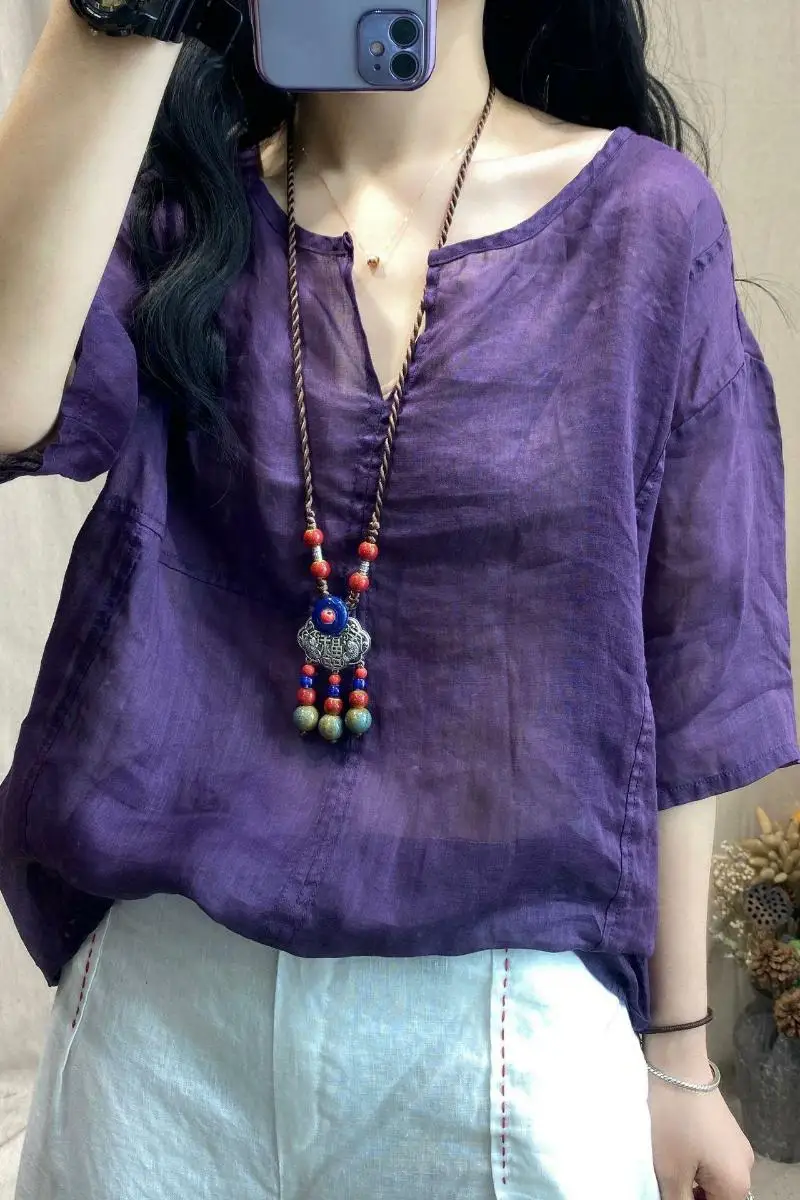 

Японский Sle V-Ne Linen irt Artistic Commuter Vintage ort Sve Женский топ Tagl Летняя тонкая блузка прямого кроя