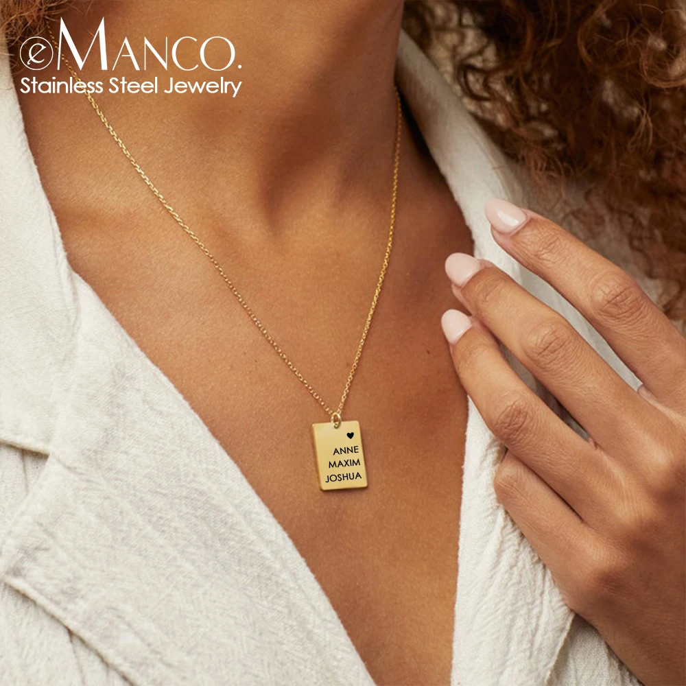 eManco Personalised Initial Rectangle Multi Row Letters Simple Pendant Necklace Stainless Steel Jewellery for Women Friends