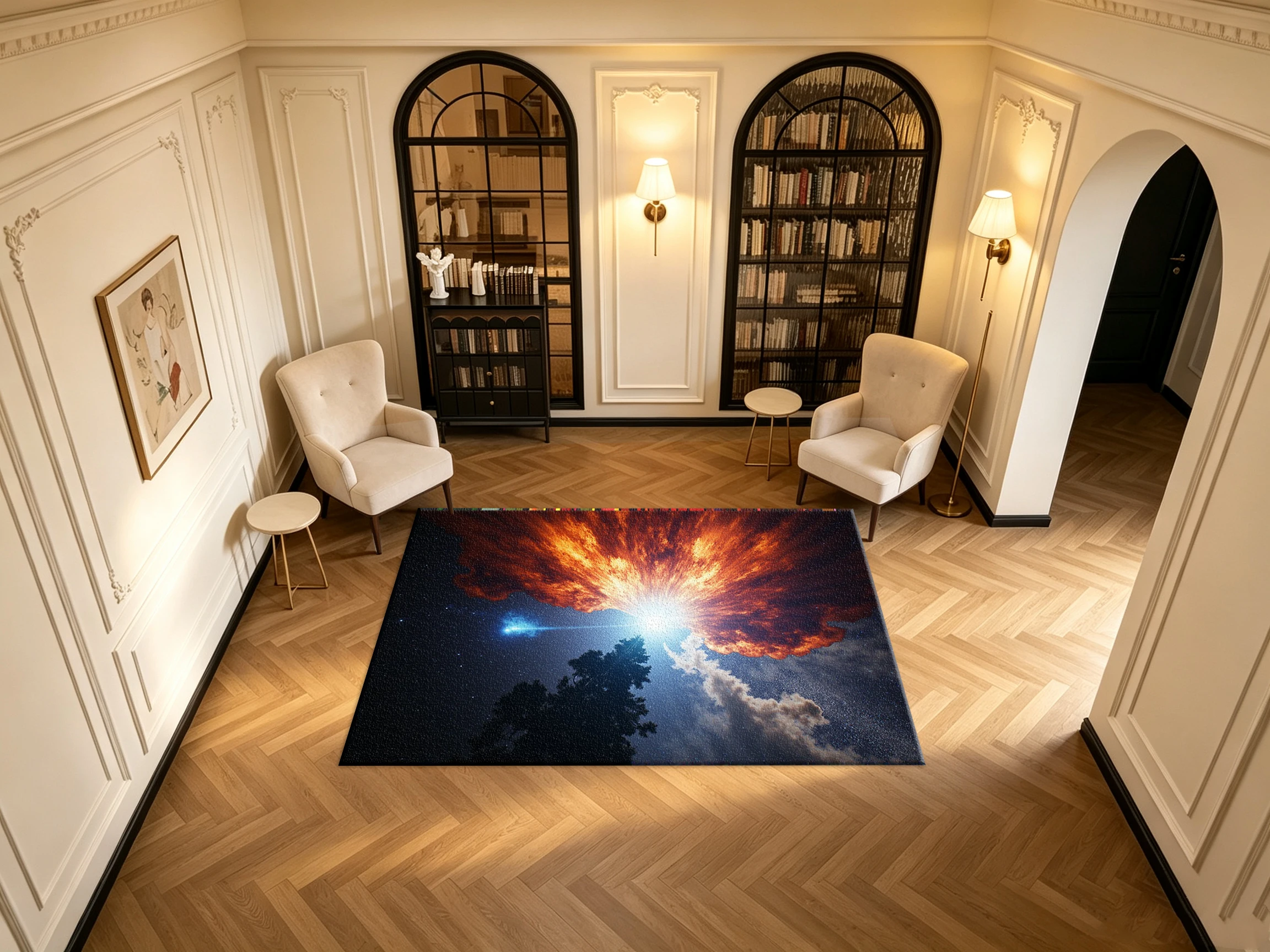 Cosmic Supernova Explosion Space Nebula Carpet Flooring Dramatic Galaxy Star Tree Silhouette Art Printed Square Floor Rug for Indoor Decoration
