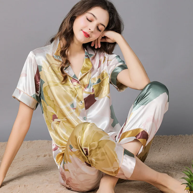 Women's Summer Silk Pajamas Short Sleeve Printed Ice Silk Set Spring Ice Silk Cardigan Leisure Thin Home Clothes Pyjamas Suit