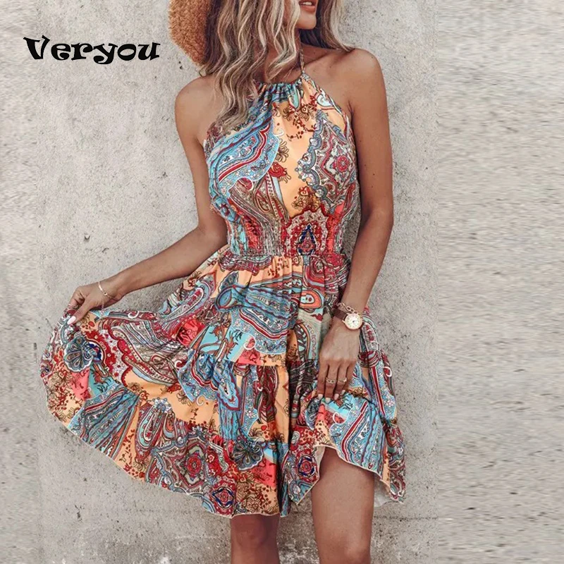 Summer Floral Print Mini Dress Women Sexy Sleeveless Halter Dresses For Women Fashion A-line Beach Short Dress Boho