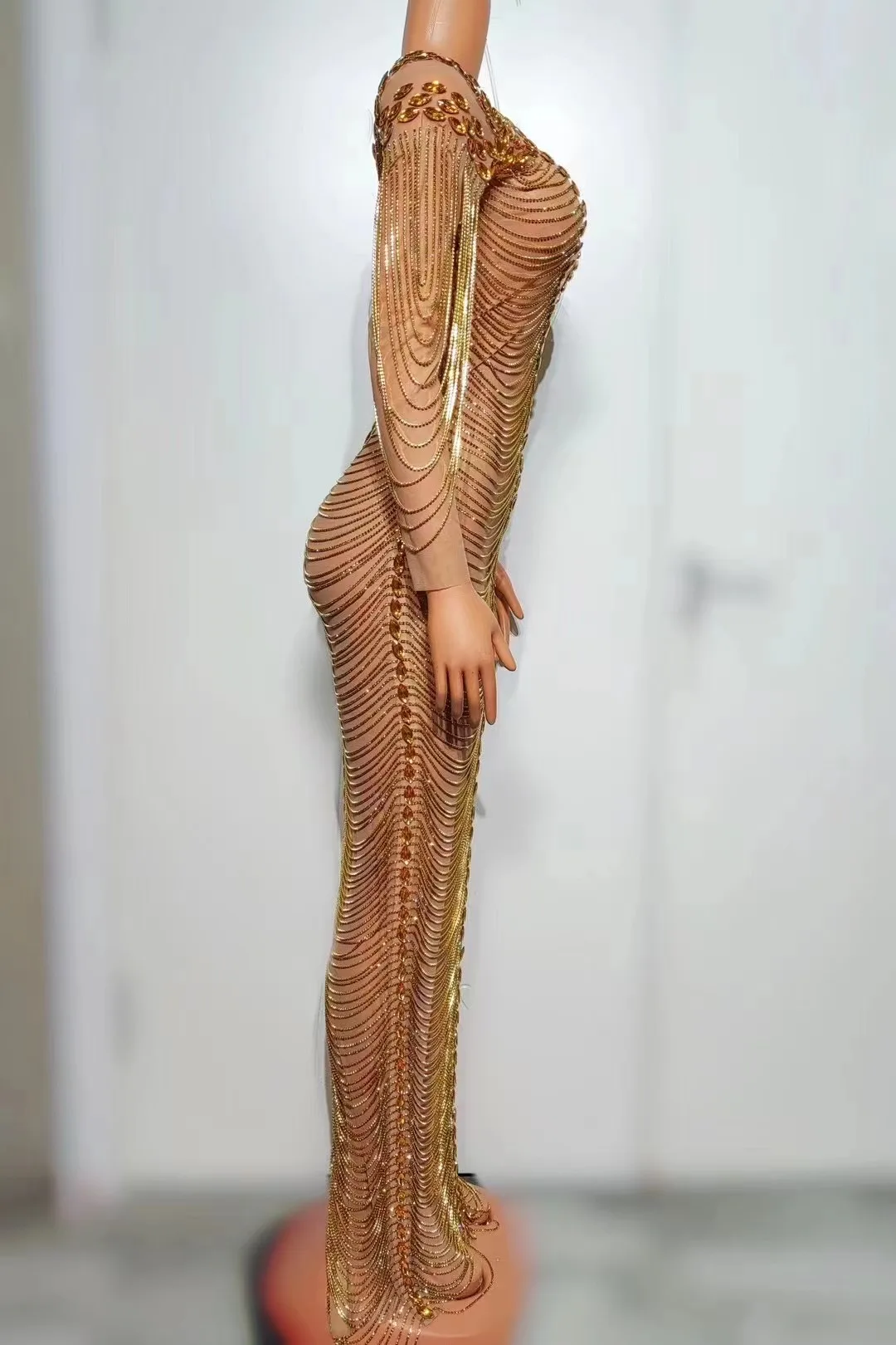 Colorful Split Gold Long Chain Slim Fit V Neck Full Diamond Elegant Nightclub Bar Birthday Party Performance Clothing
