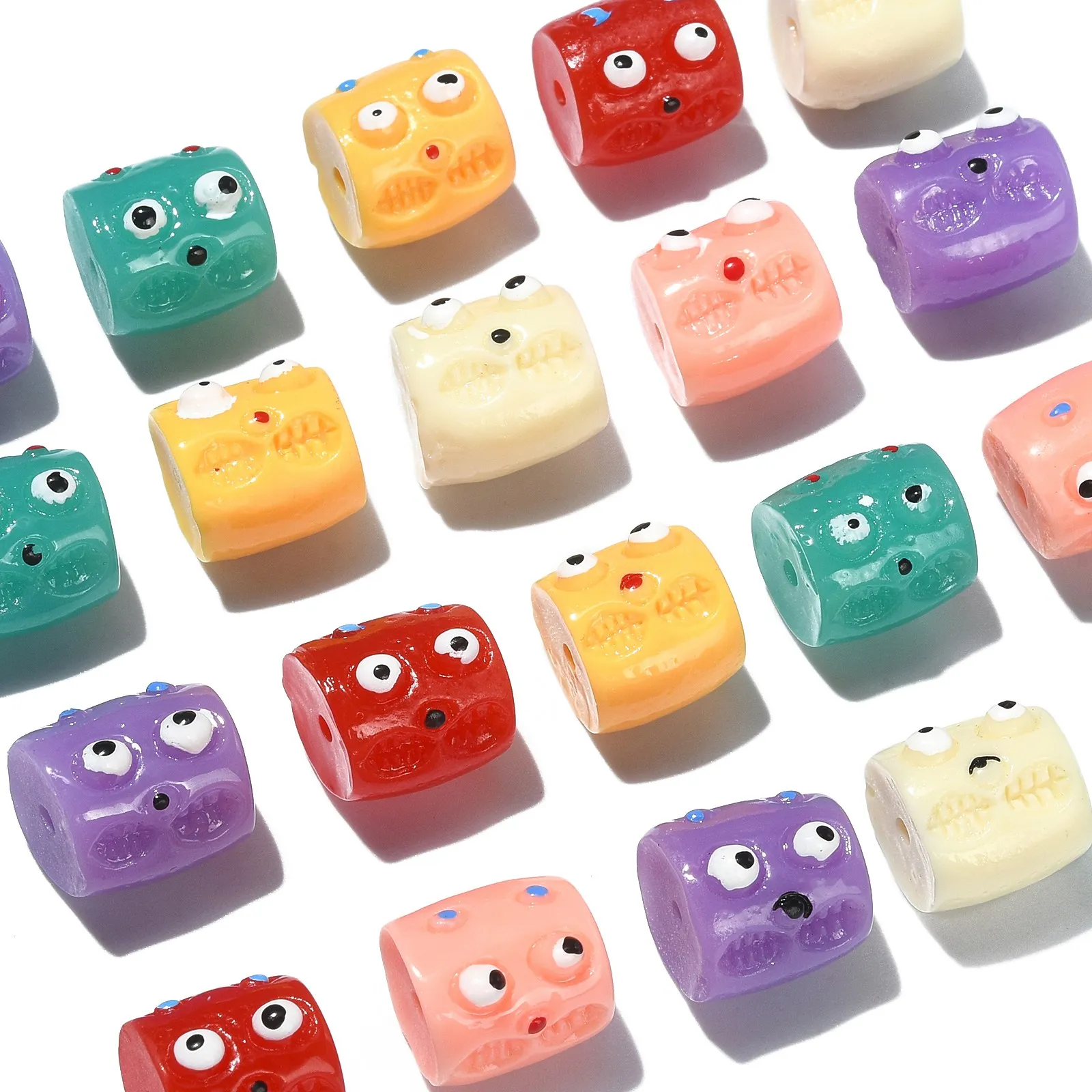 20Pcs Random Cute Monster Face Beads Colorful Resin Column Spacer Loose Beads for DIY Bracelet Necklace DIY Craft Making