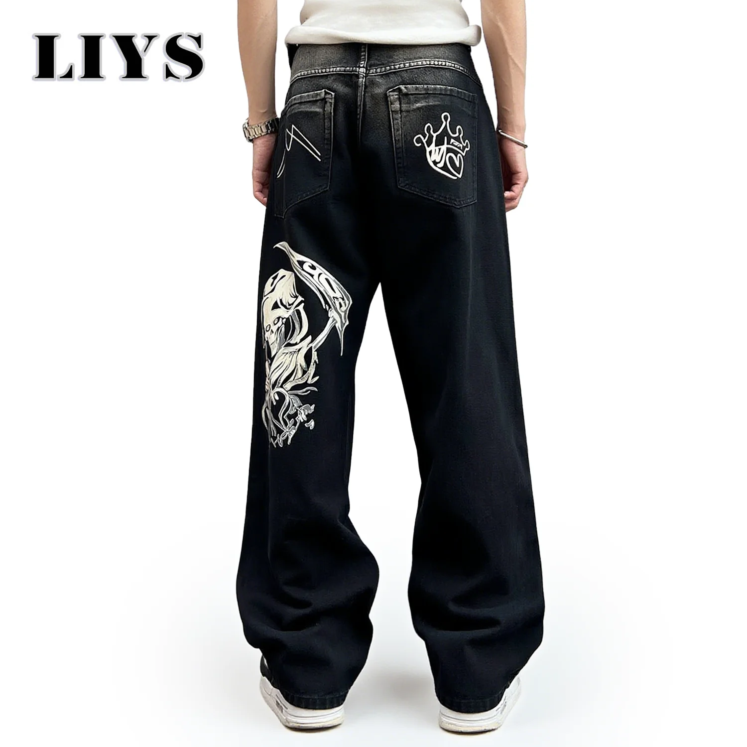 Men's Street Skeleton Pattern Straight Jeans Baggy Pants Loose Wide Leg Men's Casual Denim Clothes Personality Hip-Hop Man Pant