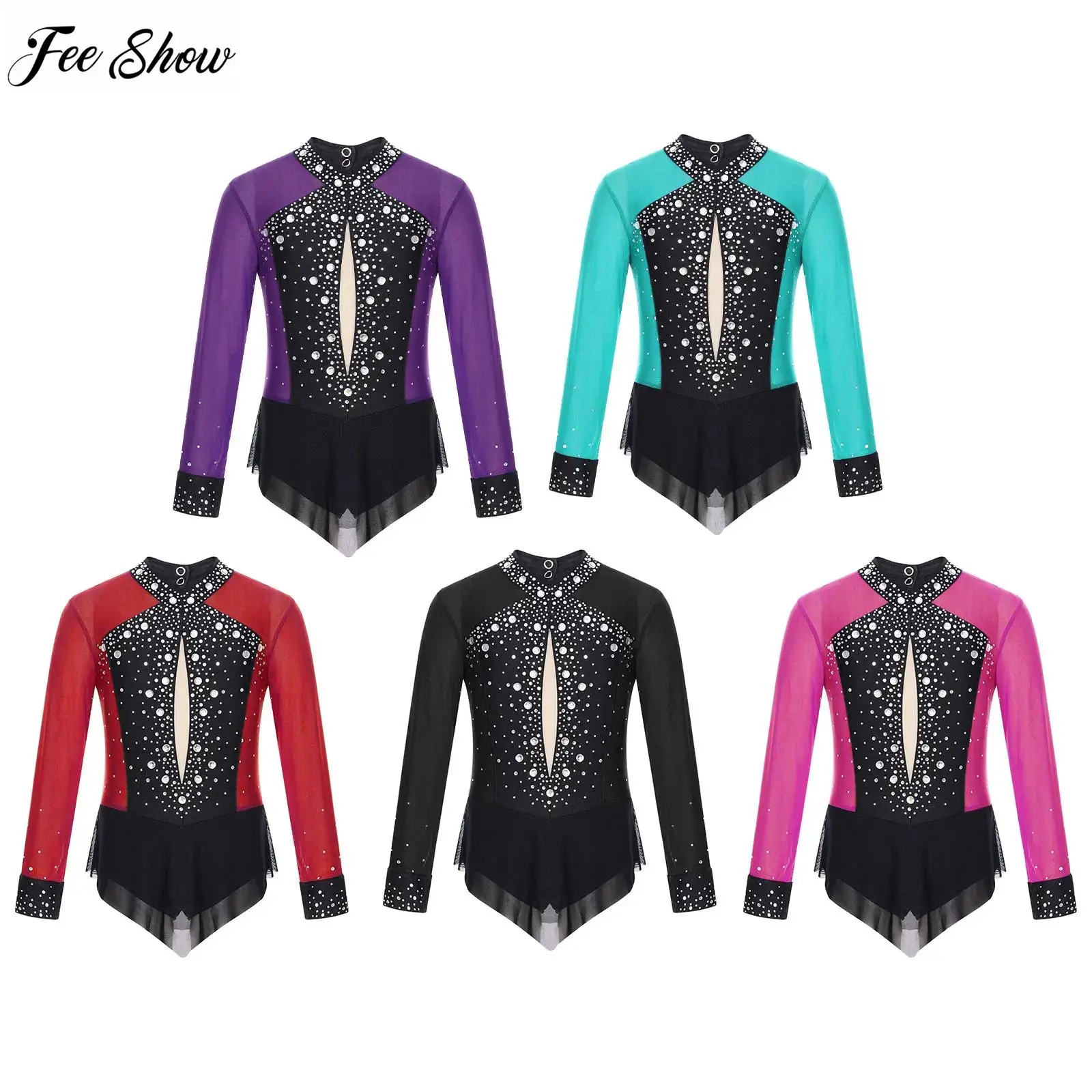 Kids Girls Sparkly Rhinestones Rhythmic Gymnastics Leotards Sheer Mesh Patchwork Skirted Bodysuit for Figure Skating Dancewear