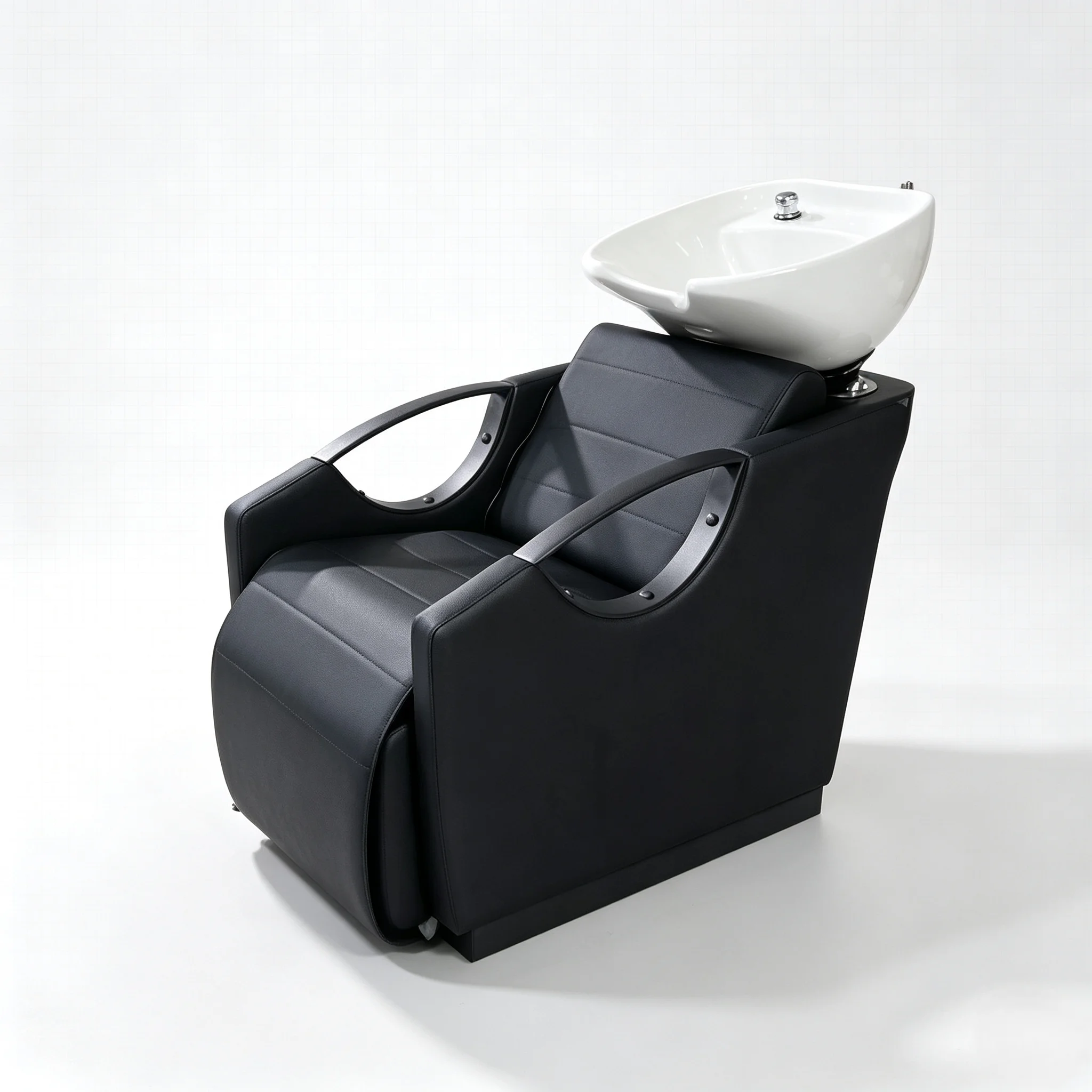 Modern Black PU Leather Electric Massage Shampoo Chair With Ceramic Basin And Adjustable Footrest For Hair Salon